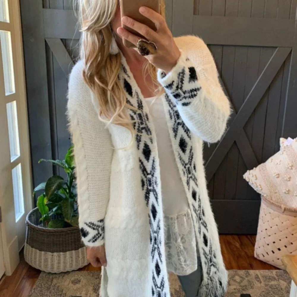New Celtic Fringed Hem Long Fuzzy Cardigan Sweater Women's Western Boho Top Coat - Picture 2 of 8